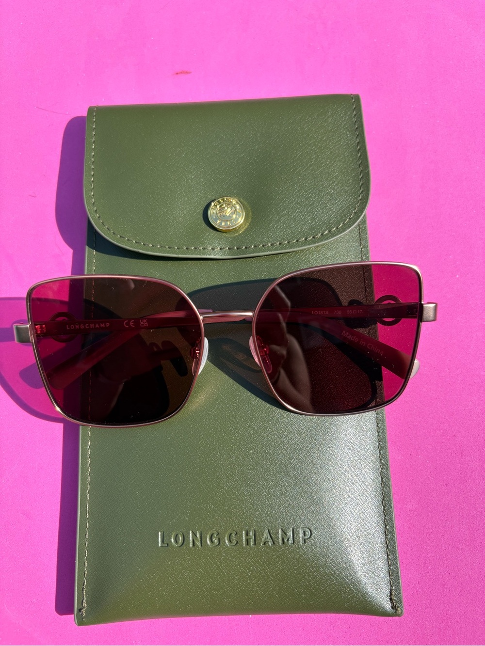Longchamp Olive Green Case with Burgundy-Tinted Sunglasses
